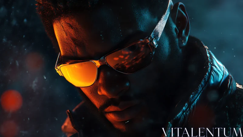 Man in orange reflective sunglasses in neon cyberpunk light.