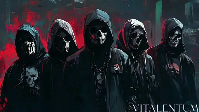 Hooded skull collective in neon red teal graffiti haze.