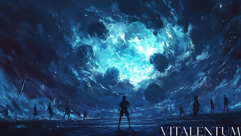 Apocalyptic night sky over looming playground confrontation.