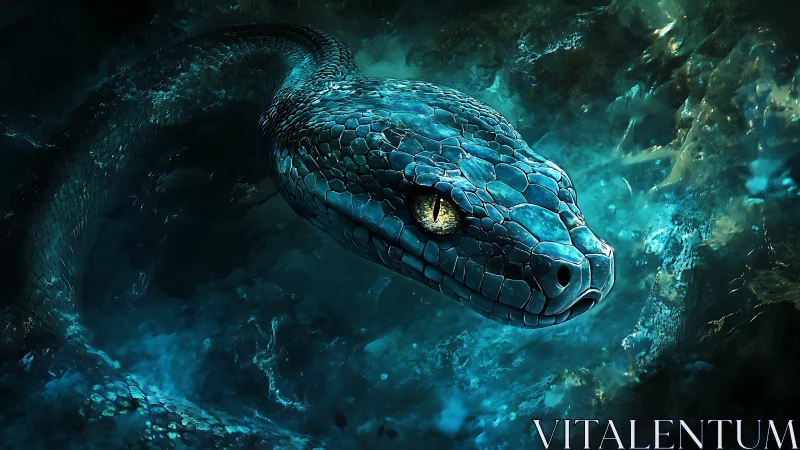 Bioluminescent blue serpent in dark aquatic environment.