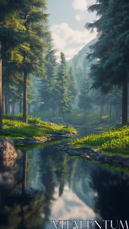 Forest Stream Between Towering Conifers