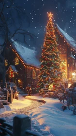 Illuminated winter streetscape with vertically dominant tree.