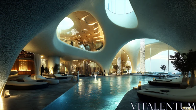 Architectural rendering demonstrates curved structural geometry with integrated water feature.