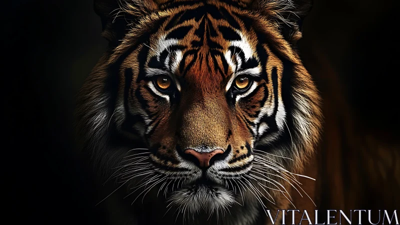 Tiger face rendered with sharp detail on dark background