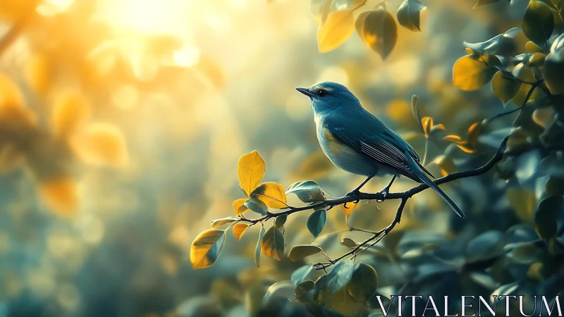 Blue songbird on sunlit branch in dreamy, soft-focus nature scene.