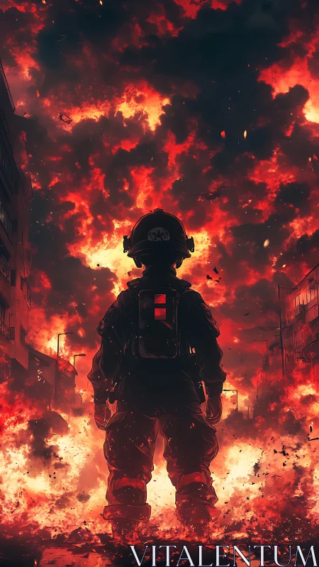 Silhouetted figure in protective gear amid urban conflagration
