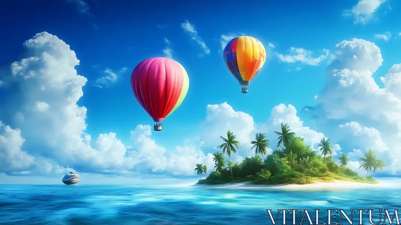 Colorful Hot Air Balloons Floating Above Tropical Island Paradise.