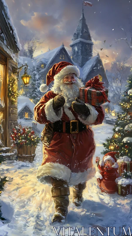 Santa carries bright gifts through a snowy village street.