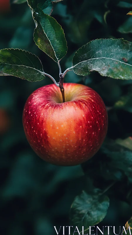Ripe red apple hanging from branch against dark foliage.