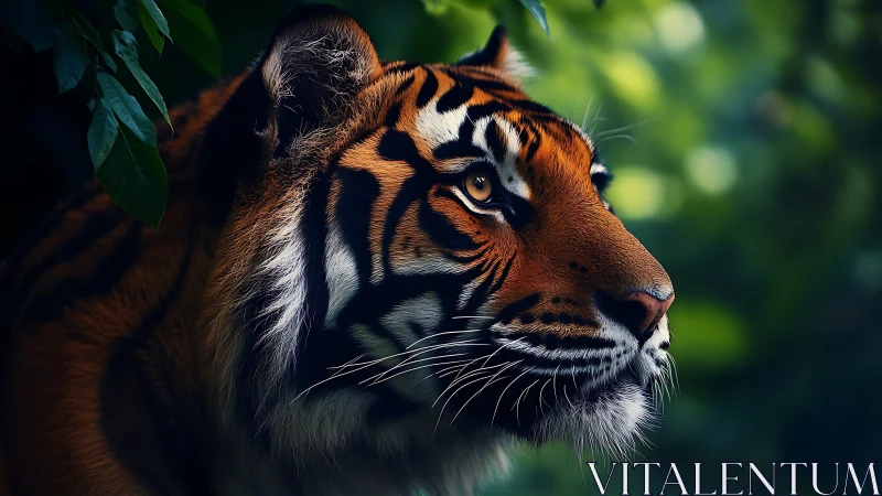 Photorealistic tiger profile in soft jungle bokeh lighting.