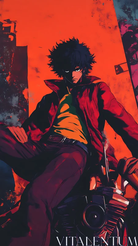 Streetfire rider leans into neon dusk with smoldering calm