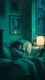 Moody teal night portrait with soft bedside lamp glow.
