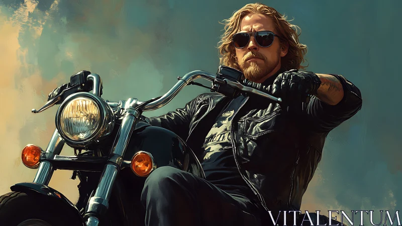 Bearded biker rides black motorcycle under warm evening sky