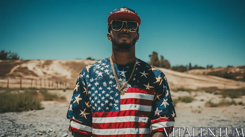 Desert swagger in star spangled streetwear under hard sun.