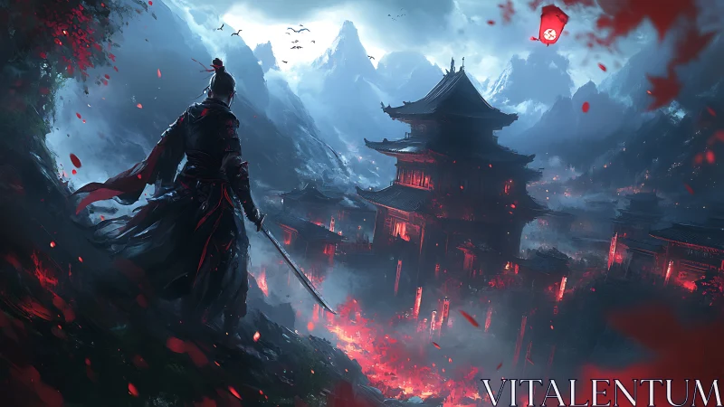 Lone samurai surveys burning mountain temple under stormy sky