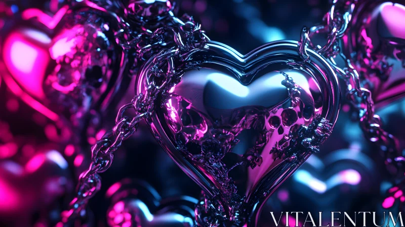 Metallic Heart with Chains in Neon Pink and Blue Light, Futuristic Art.