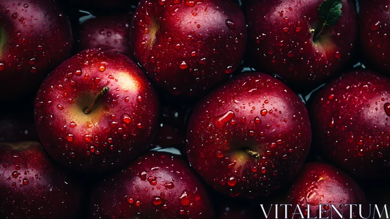 Close-up view of red apples covered with water droplets.