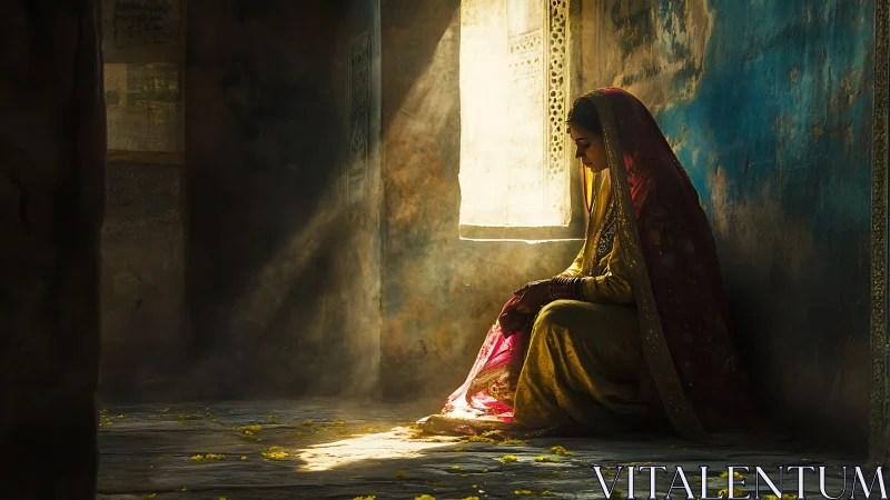 Woman in Traditional Attire Sitting in Sunlit Room, Artistic Mood.
