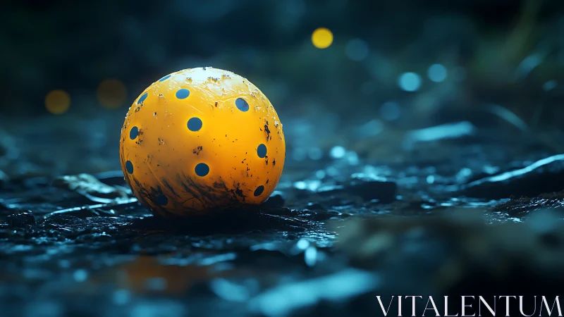 Yellow perforated ball on wet ground in moody light.