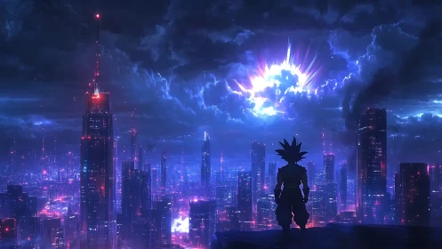 Silhouetted figure overlooks neon city beneath explosive sky