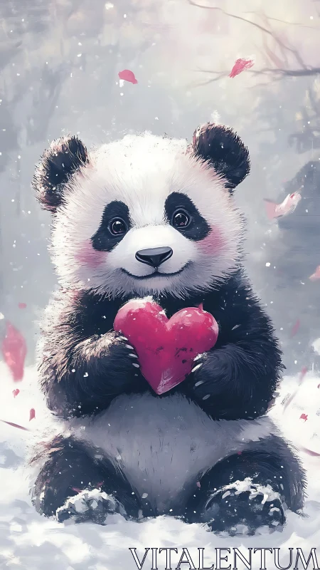 Snowy panda holding red heart in soft winter light.