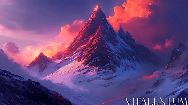 Volcanic alpine massif under emissive magenta stormclouds.