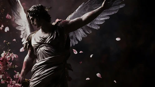 Winged marble angel rises through drifting sakura petals.