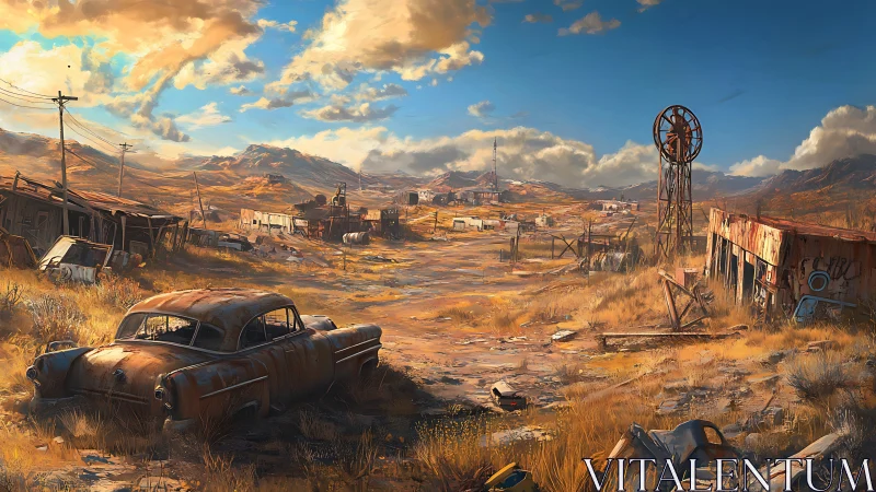 Rusting car overlooks sunlit post-apocalyptic desert town.