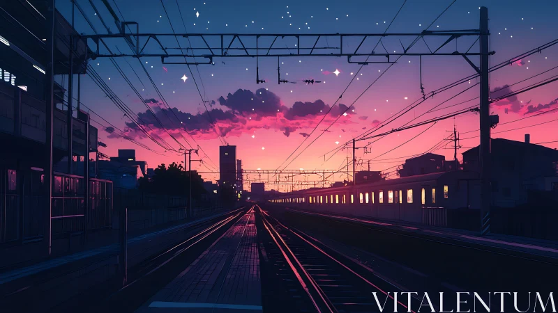 Soft dusk settles over quiet city train tracks at sunset