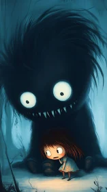 Child and shadow creature in dim blue forest scene.