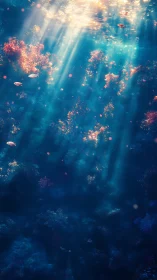 Sunlight penetrates blue ocean water onto glowing coral reef