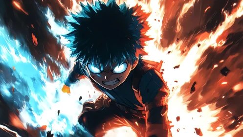 Intense anime hero charging through dual flame vortex.