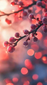 Frost-covered berries on branch with bokeh background lighting