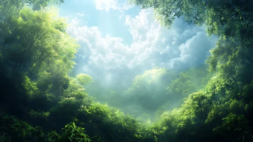 Luminous Forest Canyon with Volumetric Atmospheric Light and Cumulus Cloud Formations