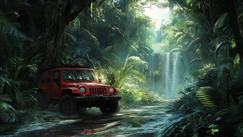 Red off-road jeep explores dense jungle waterfall trail.