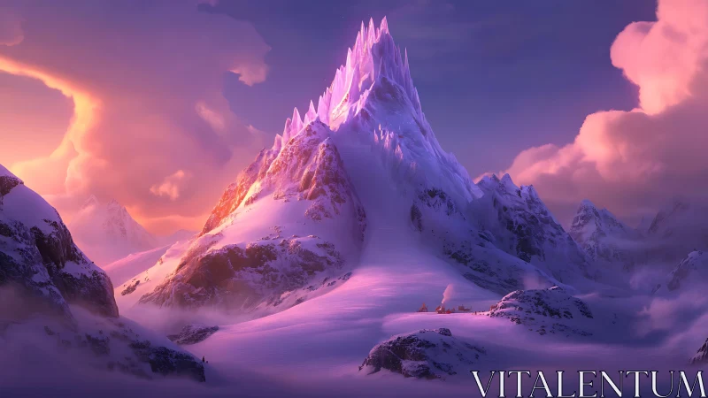 Snow-covered mountain range rises under diffuse pink light