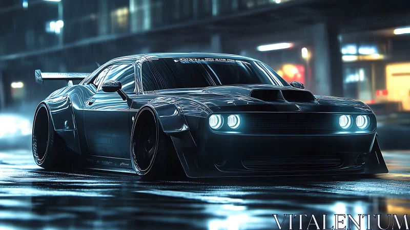 Muscle car prowls a neon‑lit rainy city street at night.