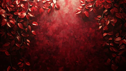 Crimson foliage frame over textured red abstract background.