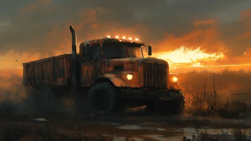 Rusty dump truck crossing marsh under burning sunset sky.
