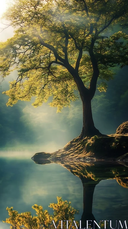 Solitary lakeside tree stands on small mound above still water