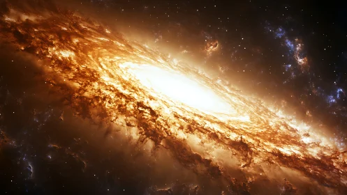 Golden spiral galaxy swirling through a glowing cosmos.