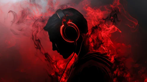 Silhouetted listener immersed in red vapor with rim-lit headphones