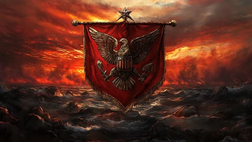 Stormborne crimson standard over a raging ember sea.