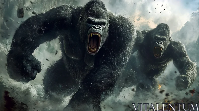 Colossal gorillas charge through shattered rocky battlefield.