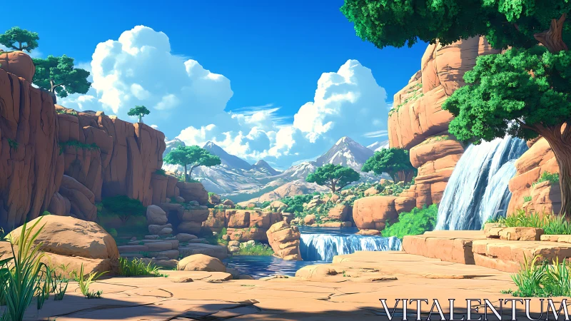 Sunlit canyon waterfalls under bright alpine peaks.