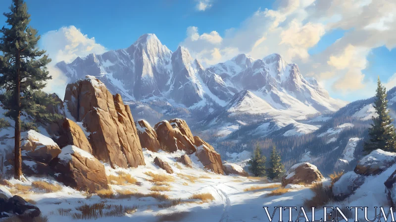 Snowlit mountain range with rocky pines under clear sky.