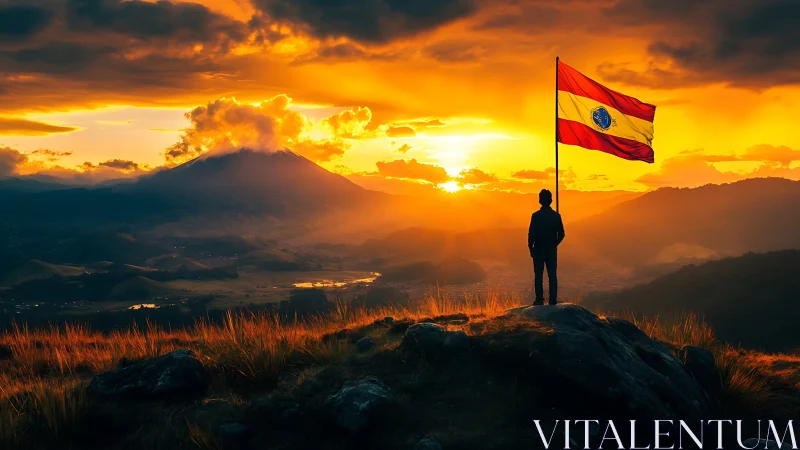Sunset summit moment with bright flag and glowing valley.