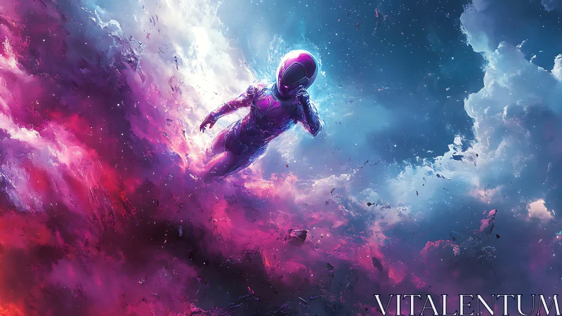 Cosmic diver glides through neon storms between blue clouds