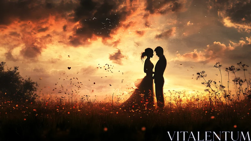 Romantic Couple Silhouetted Against Golden Sunset Field.