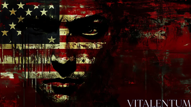 Brooding face emerging through distressed American flag overlay.